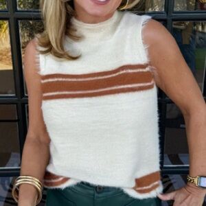 Women's Cream and Brown Striped Sleeveless Sweater